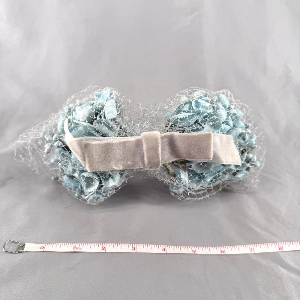 Vintage Union Made Blue Floral‎ Birdcage Veil Headpiece Velvet Bow 526150 USA